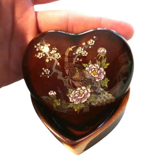 Vintage Asian Trinket Jewelry Box Peacock Floral Hand Painted ceramic keepsake - Picture 2 of 9